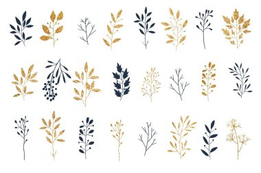 Altın çiçek seti elle çizilmiş çiçekler, otlar, dallar ve betties. Dalları yaprak meyveleri ile Vektör glitter dokulu toplama. Tatiller için mükemmel 