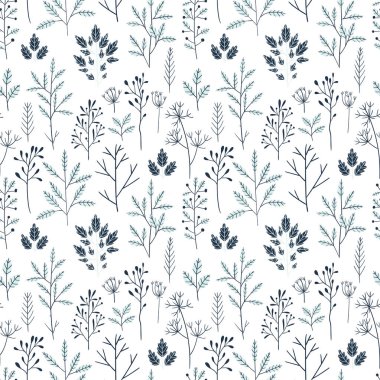 Ağaç dalları ile el çizilmiş çiçek kış dikişsiz desen. Vektör çizim arka planı