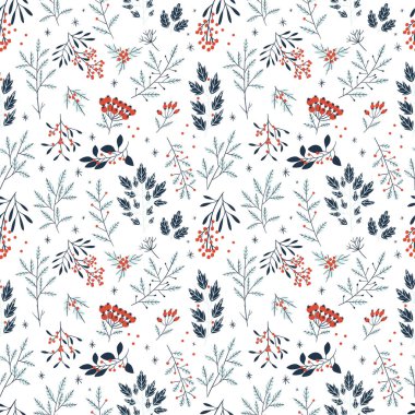 Farklı ağaç dalları ve çilek ile el çizilmiş çiçek dikişsiz desen. Mevsimsel arka plan. Vektör çizimi 