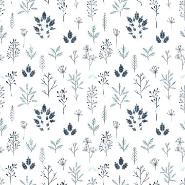 Ağaç dalları ile el çizilmiş çiçek kış dikişsiz desen. Vektör çizim arka planı