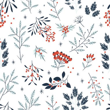 Farklı ağaç dalları ve çilek ile el çizilmiş çiçek dikişsiz desen. Mevsimsel arka plan. Vektör çizimi 