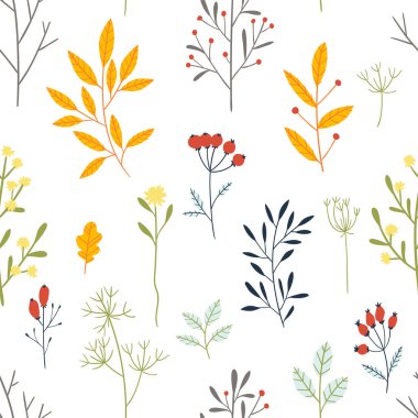 Farklı ağaç dalları ve çilek ile el çizilmiş çiçek dikişsiz desen. Mevsimsel arka plan. Vektör çizimi 