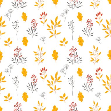 Farklı ağaç dalları ve çilek ile el çizilmiş çiçek dikişsiz desen. Mevsimsel arka plan. Vektör çizimi 