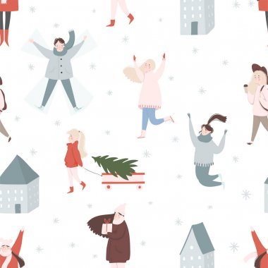 Vektör insanlar ile Kış tatili sorunsuz desen. İnsanlar zıplıyor, oynuyor, kar altında eğleniyor. Pastel renklerde şık arka plan 