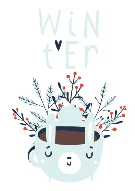 Sıcak çikolata içecek ve dalları bunny fincan ile sevimli kış kartı. Kartpostal, poster, davetiye şablonu