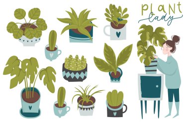 Kentsel orman, bitkiler, yetiştiriciler, kaktüsler, tropikal yaprakları ve kız beyaz arka plan izole ile trendy ev dekor. Güzel doğal ev dekorasyonu seti 