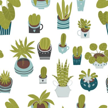 Vektör ev tropikal bitkiler dikişsiz desen. Kentsel orman, bitkiler, yetiştiriciler, kaktüsler, tropikal yaprakları ile trendy ev dekorasyonu 
