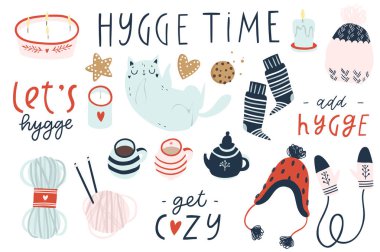 Sevimli vektör illüstrasyon hygge elemanları büyük bir set. Sonbahar ve kış havası. Ev dekorasyonu beyaz arka plan üzerinde izole. İskandinav tarzı 