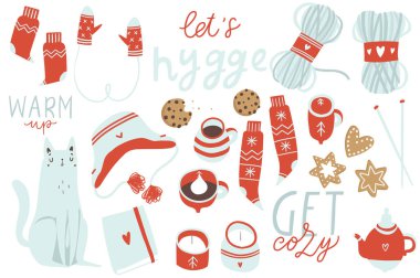 Hygge özellikleri, mobilya ve ev dekorasyonu beyaz arka plan izole set. Pikapta çiçekleri olan bir kız. Hadi hygge. Vektör illüstrasyon. Kırmızı mavi beyaz