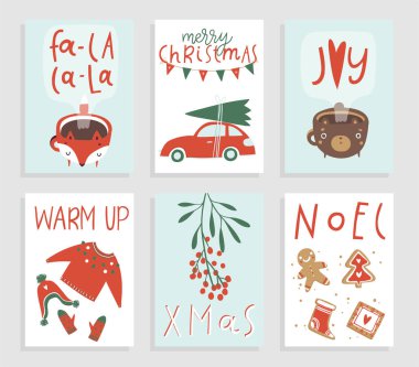 Koleksiyon 6 sevimli Merry Christmas ve Happy New Year hazır hediye kartları. Noel illüstrasyonları ve harfleri ile yazdırılabilir el çizilmiş tatil posterleri şablonları seti 