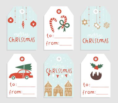 Collection of 6 cute Merry Christmas and Happy New Year ready-to-use gift tags. Set of printable hand drawn holiday label templates. Vector collection  clipart