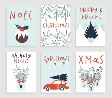 Koleksiyon 6 sevimli Merry Christmas ve Happy New Year hazır hediye kartları. Noel illüstrasyonları ve harfleri ile yazdırılabilir el çizilmiş tatil posterleri şablonları seti 