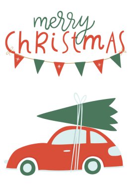 Araba ve noel ağacı ile Noel tebrik kartı veya davetiye tasarımı. Arka planda kar ve ağaçlar 
