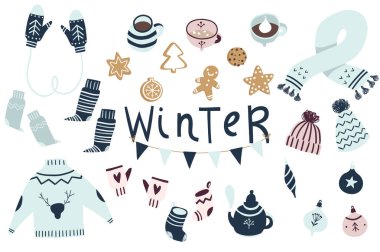 Kış seti, elle çizilmiş illüstrasyon. Vektör çizimi. 