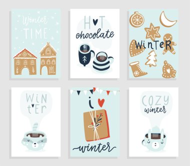 6 sevimli kış kullanıma hazır hediye kartları koleksiyonu. Altı yazdırılabilir el çizilmiş tatil posterleri şablonları kümesi. Vektör mevsimlik kartpostal tasarımı. 