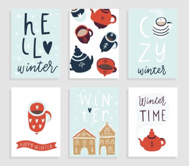 6 sevimli kış kullanıma hazır hediye kartları koleksiyonu. Altı yazdırılabilir el çizilmiş tatil posterleri şablonları kümesi. Vektör mevsimlik kartpostal tasarımı. 