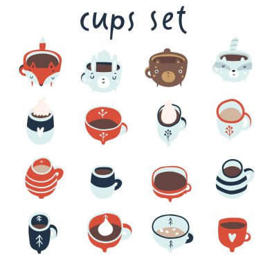 Sıcak kakao, kahve, süt, krema, beyaz arka plan üzerinde zencefil çerezleri ile kupalar çizimleri ile sevimli ayarlayın. Tebrik kartları, parti davetiyeleri, posterler, çıkartmalar, pin, scrapbooking, simge için mükemmel