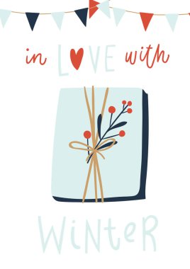 Noel tebrik kartı veya davetiye tasarımı. El çizilmiş karikatür çizimleri ile vektör kartı. Kış illüstrasyon ve yazı ile Vintage arka plan. 