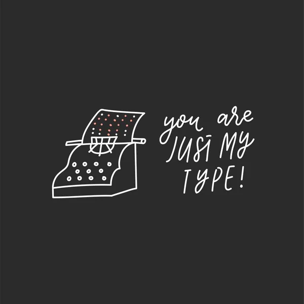 タイプライターの手描きのレタリングとイラスト付きカード 愛の引用符 バレンタインデーに最適です 黒い背景に孤立したタイプライター — ストックベクタ