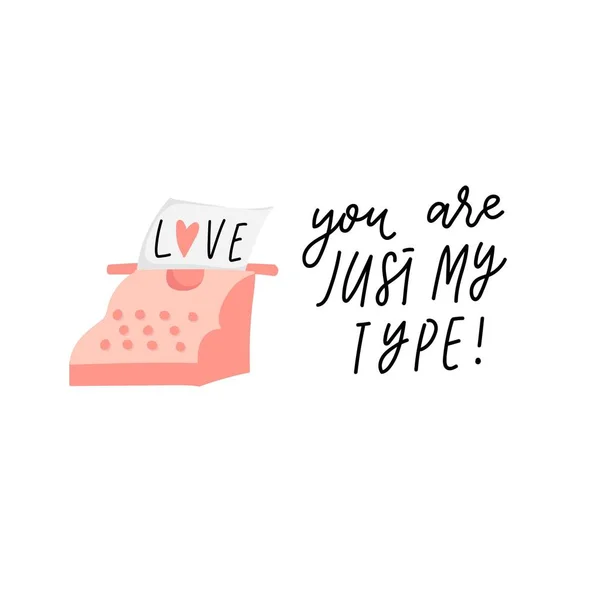 タイプライターの手描きのレタリングとイラスト付きカード 愛の引用符 バレンタインデーに最適です 白い背景に孤立したタイプライター — ストックベクタ
