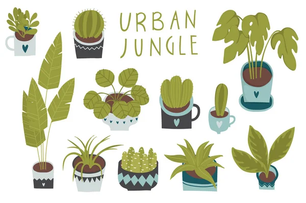 Jungle Urbaine Décor Tendance Maison Avec Des Plantes Planteurs Cactus — Image vectorielle