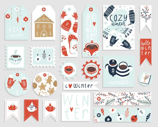Conjunto Inverno Etiquetas Presente Cartões Adesivos Com Ilustrações Bonitos Elementos — Vetor de Stock