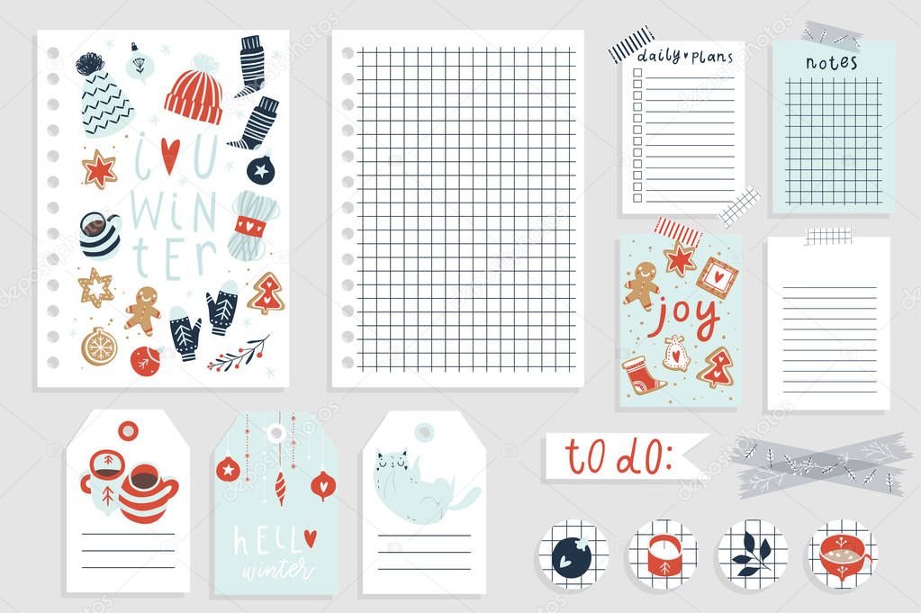 Cute winter notebook design. Daily Planner Template. Organizer and Schedule with Notes and To Do List. Vector. Isolated. Trendy Concept.