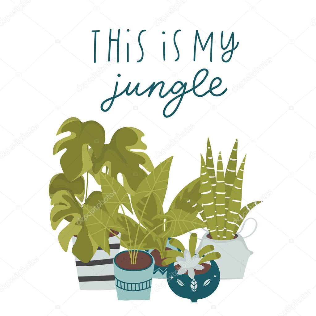 Urban jungle, trendy home decor. Beautiful card with with plants, planters, cacti, tropical leaves.