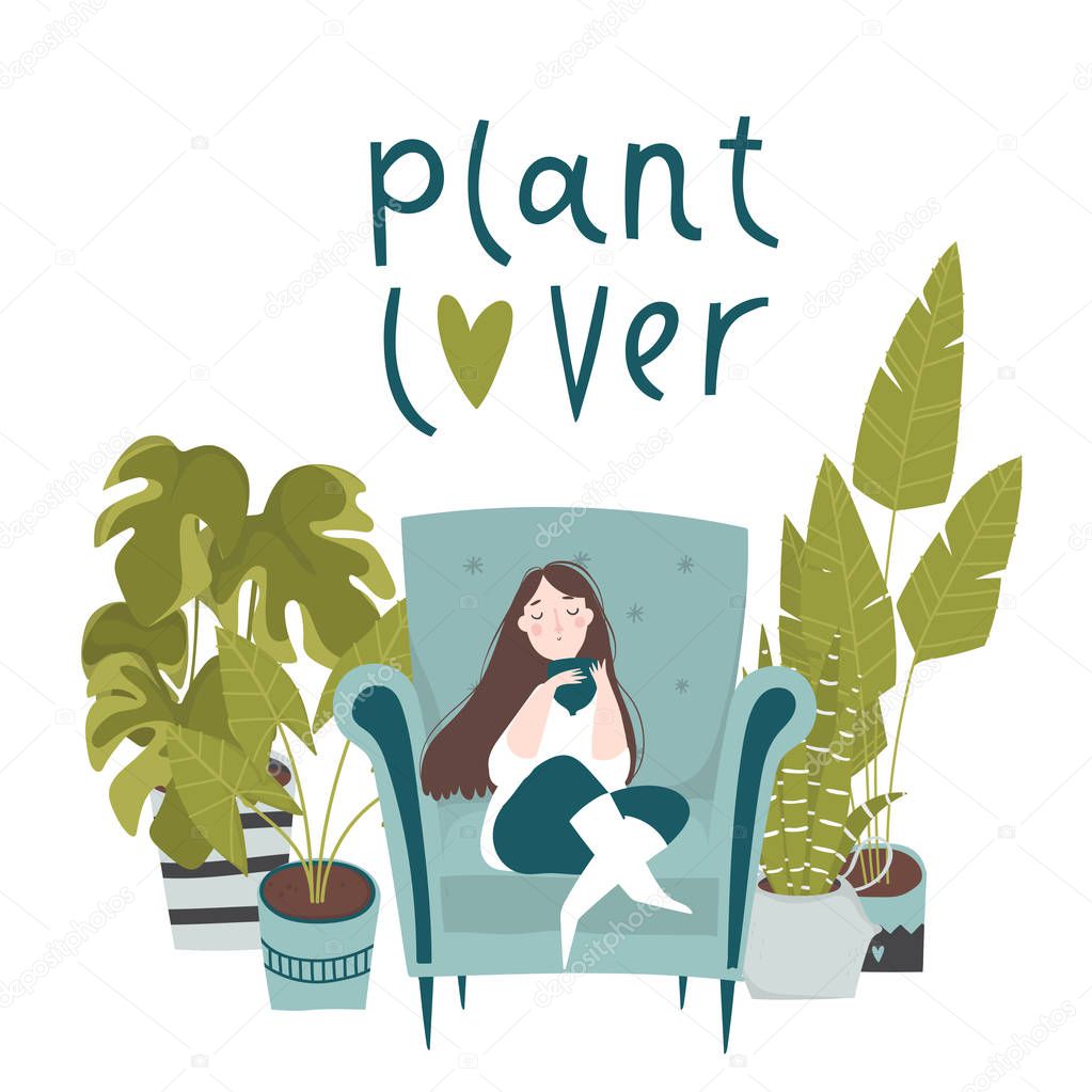 Urban jungle, trendy home decor. Beautiful card with with plants, planters, cacti, tropical leaves and plant lady. Girl sitting in cozy armchair