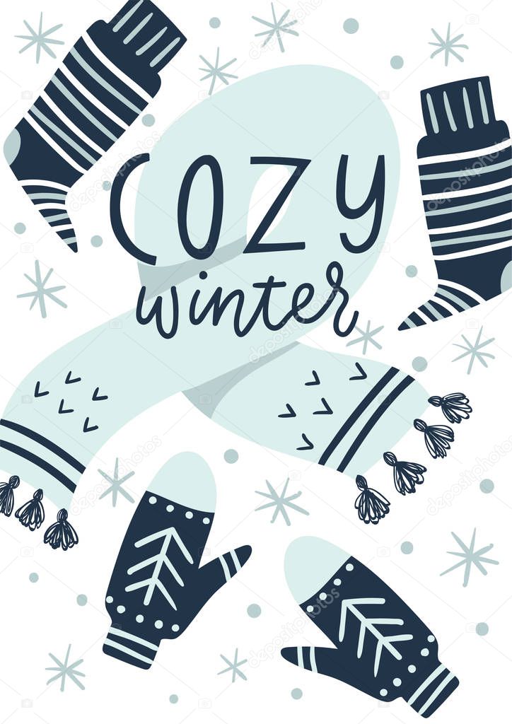 Cute, fun cozy winter card. Hand drawn holiday postcard, poster, invitation design. Cozy winter. Vector illustration