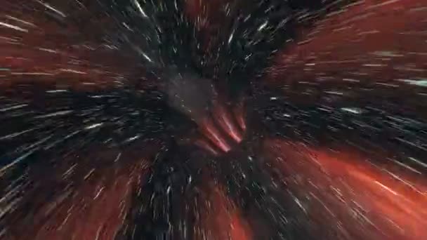 扭曲宇宙循环红色 穿越空间和时间与创造性的背景超级跳入另一个星系 美丽的烟花 五颜六色的爆炸 大爆炸 穿过星星 — 图库视频影像