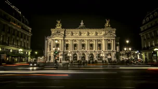 Zeitraffer Des Beleuchteten Berühmten Wahrzeichens Opera Garnier Der Nacht Mit — Stockvideo