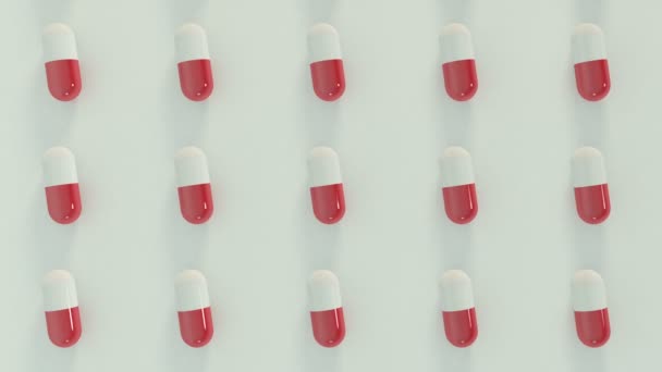 ヘルスケアと医療のための医薬品カプセル錠剤のシームレスなパターンを持つ3D抽象的なレンダリングループの背景 — ストック動画