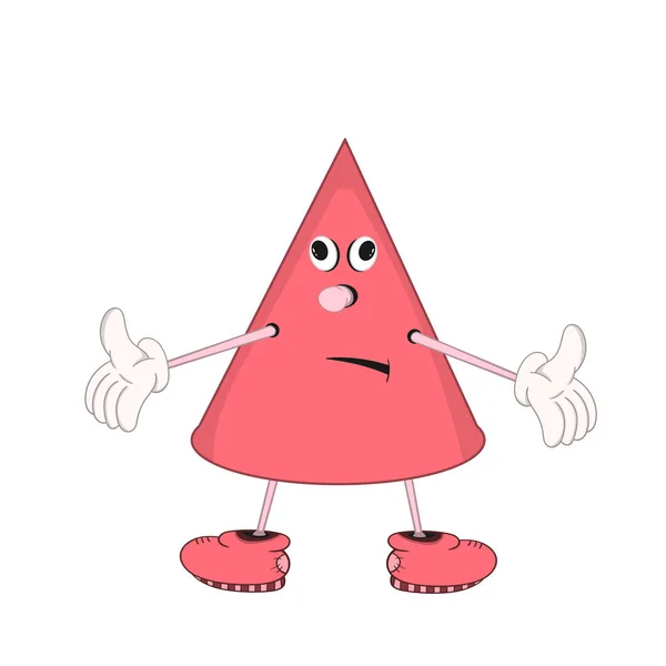 Grappige cartoon rode kegel met ogen, armen en benen, toont emotie verwarring en verspreidt zijn armen naar de zijkant. — Stockvector