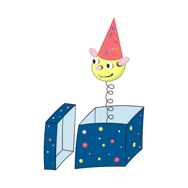 Un drôle de dessin animé ressort dans une casquette festive avec une tête, les yeux, les oreilles et une bouche regarde hors d'une boîte cadeau et sourit . — Image vectorielle