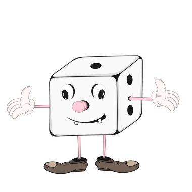 Gözleri, elleri ve ayakkabı ayakları gülümseyen ve ellerini yayılan komik karikatür zar.