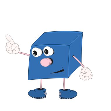 Gözleri, kolları ve bacakları ile Komik karikatür mavi küp kadar bir parmak gösterir.