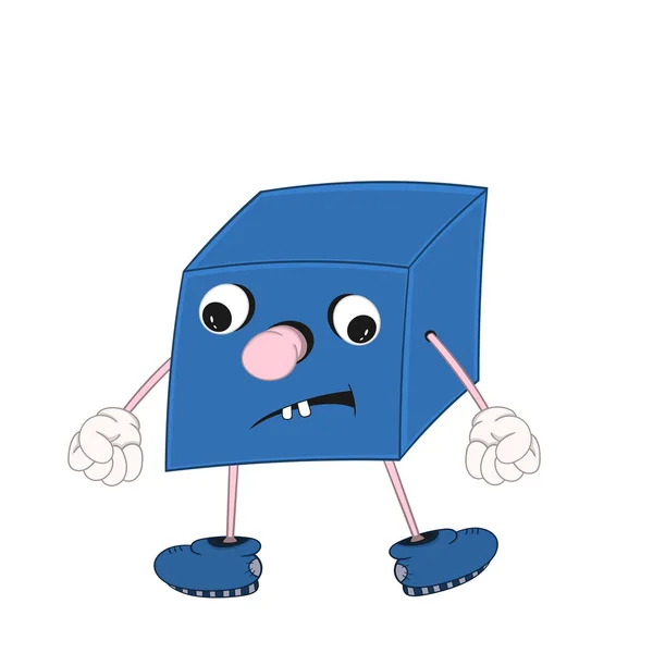 Drôle de dessin animé cube bleu avec les yeux, les bras et les jambes, démontre l'émotion de la tristesse . — Image vectorielle
