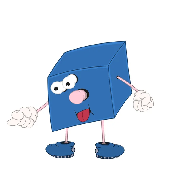 Drôle de dessin animé cube bleu avec les yeux, les bras et les jambes taquiné et montre la langue . — Image vectorielle