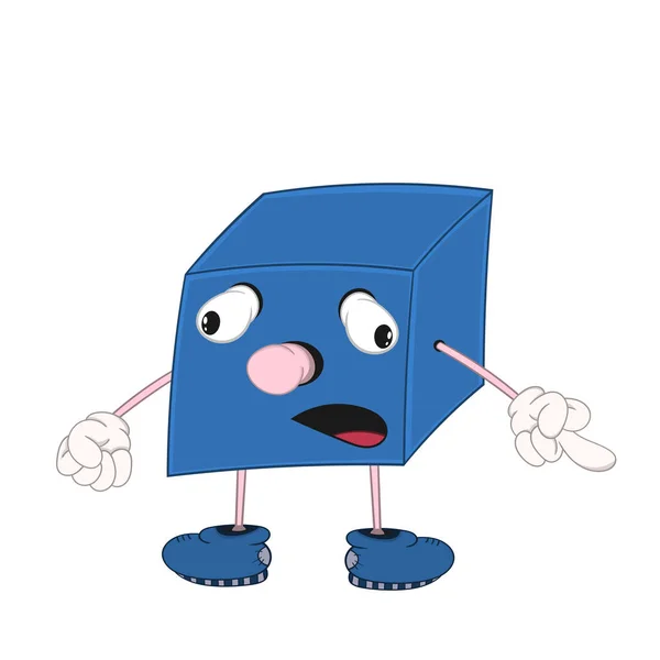 Drôle de dessin animé cube bleu avec les yeux, les bras et les jambes montre l'émotion de la tristesse et un doigt . — Image vectorielle