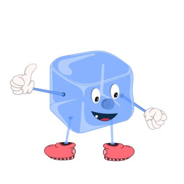 Gözleri, elleri ve ayaklar ayakkabı ile Komik karikatür mavi buz küpü, gülümseyerek ve parmağıyla onaylayan bir jest gösteren.