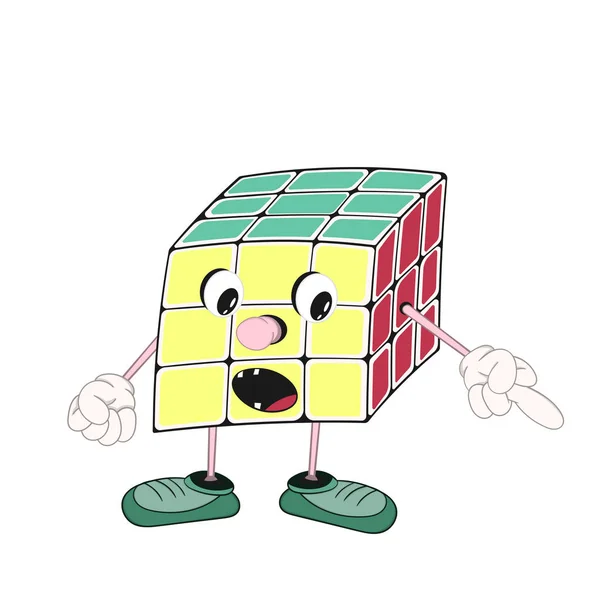Funny cartoon Rubik's cube with eyes, hands and feet in shoes, showing an indecent gesture with his finger. — Stock Vector