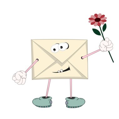 Gözleri, kolları, bacakları ve ağzı elinde kırmızı bir çiçek tutan ve gülümseyen komik karikatür sarı mektup.