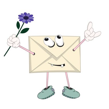 Gözleri, kolları, bacakları ve ağız ile komik bir karikatür sarı mektup sevinir ve mavi bir çiçek kaldırır.