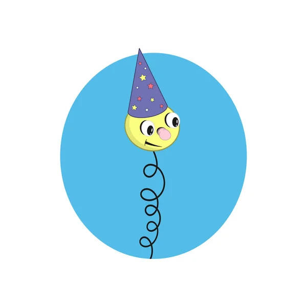 お祝いの青い帽子で面白い黄色の漫画の春 - 青い背景に頭、目と口で. — ストックベクタ