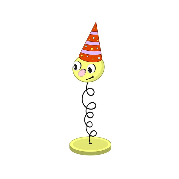 Lustige gelbe Cartoon-Feder auf einem Ständer - mit Augen, Mund und Kopf in einer festlichen roten Mütze. — Stockvektor