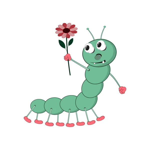 Komik bir karikatür yeşil tırtıl elinde kırmızı bir çiçek tutar ve ona bakar.