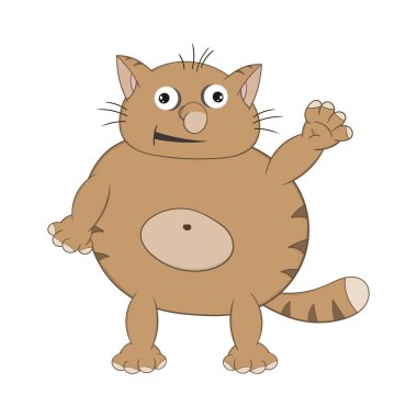 Komik karikatür kırmızı kedi ayakta, gülümseyerek ve pençesi sallayarak.