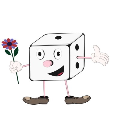 Elinde güzel bir çiçek tutan ve gülümseyen gözleri, kolları ve bacakları ile Komik karikatür zar oyunu