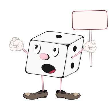 Elinde dikdörtgen bir tablet tutan ve hayali bir nesneyi işaret eden gözler, kollar ve bacaklar ile komik karikatür zar